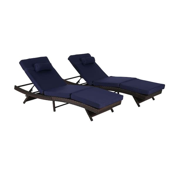SereneVita Wicker Outdoor Chaise Lounge with Dark Blue Cushions Set of 2, Patio Lounge Chair with Adjustable 5-Position Backrest