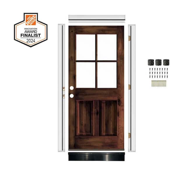 DIY RTA Kit 32 in. x 80 in. Right-Handed 4 Clear Glass Red Mahogany Stain Knotty Alder Wood Ready To Assemble Front Door