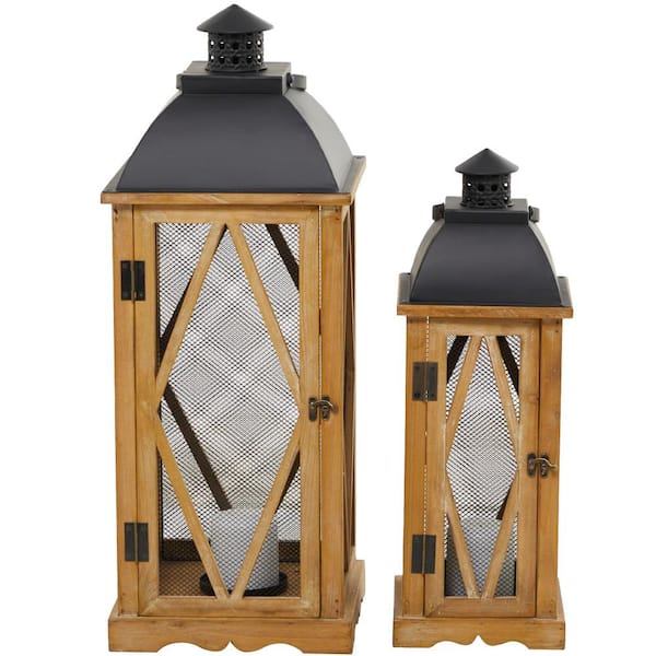 Litton Lane Brown Wood Lighthouse Style Decorative Candle Lantern (Set of 2)