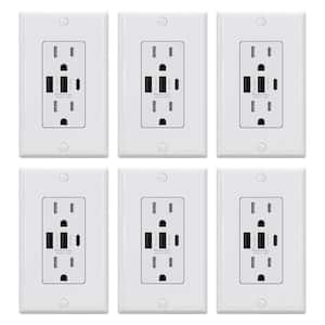 30-Watt 3-Port Type C & Dual Type A USB Duplex Outlet Smart Chip High Speed Charging Wall Plate Included, White (6-Pack)