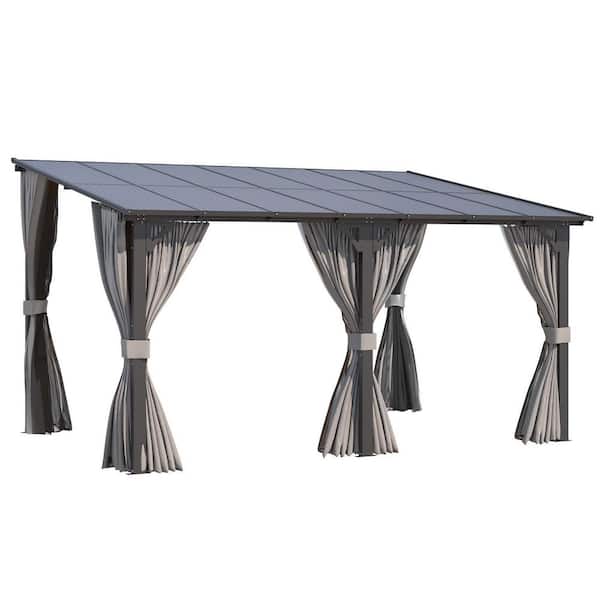 14 ft. x 10 ft. Outdoor Hard Top Gazebo for Patio, Small Wall-Mounted Lean to Pergola with Curtains and Netting
