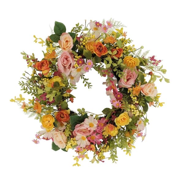Puleo International 24 in. Artificial Rose and Dogwood and Daisy Floral Spring Wreath
