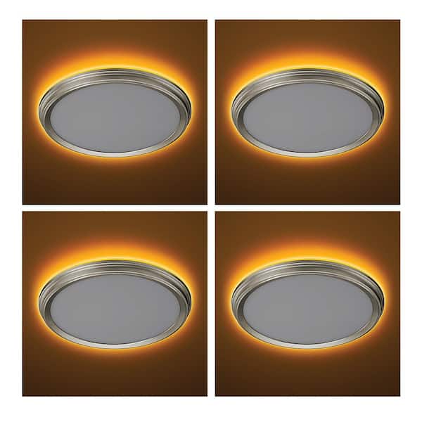 ETI LIGHTING 11 in. Brushed Nickel Low Profile LED Flush Mount Ceiling Light with Night Light 900LM 14W Adjustable CCT (4-Pack)
