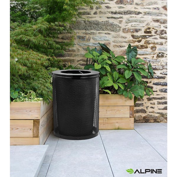 36 Gal. Black Steel Diamond Outdoor Commercial Trash Can with Flat Lid and Removable Liner (2-Pack)