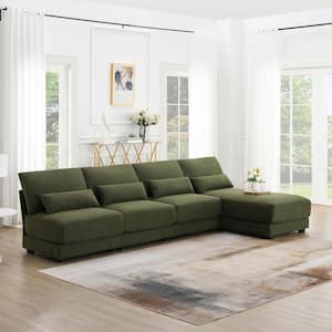 120 in. Armless 5 Seat L-Shape Loop Yarn Fabric Sectional Sofa in. Green with Reversible Chaise, 4 Pillows