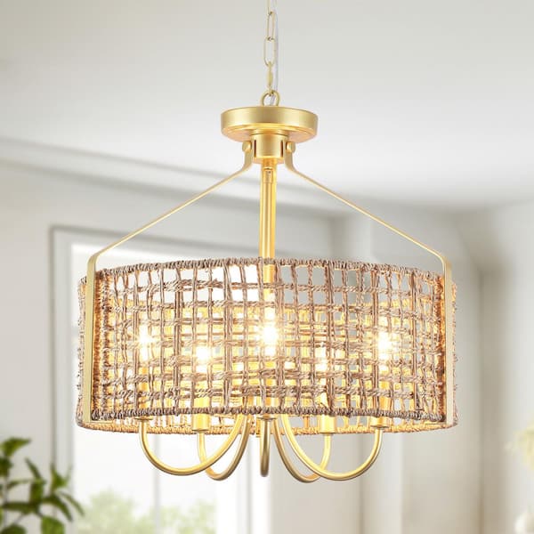 LWYTJO 5-Light Gold Modern Chandelier with Seagrass Lampshade