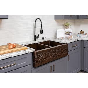 Under Counter/Surface-Mount Copper 33 in. 0-Hole Double Bowl 50/50 Kitchen Apron Scroll Sink in Oil Rubbed Bronze