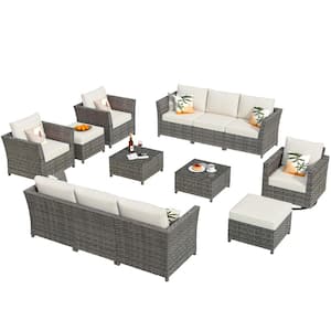 Bexley Gray 13-Piece Wicker Patio Conversation Seating Set with Fine-Stripe Beige Cushions and Swivel Chairs