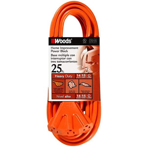 Woods 25 ft. 14/3 SJTW Multi-Outlet (3) Outdoor Heavy-Duty Extension Cord, Orange