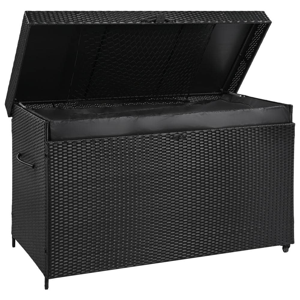 200 Gallon Wicker Black Deck Box with Wheels for Patio Furniture, Outdoor C