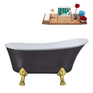 55 in. x 26.8 in. Acrylic Clawfoot Soaking Bathtub in Matte Grey with Polished Gold Clawfeet and Matte Pink Drain