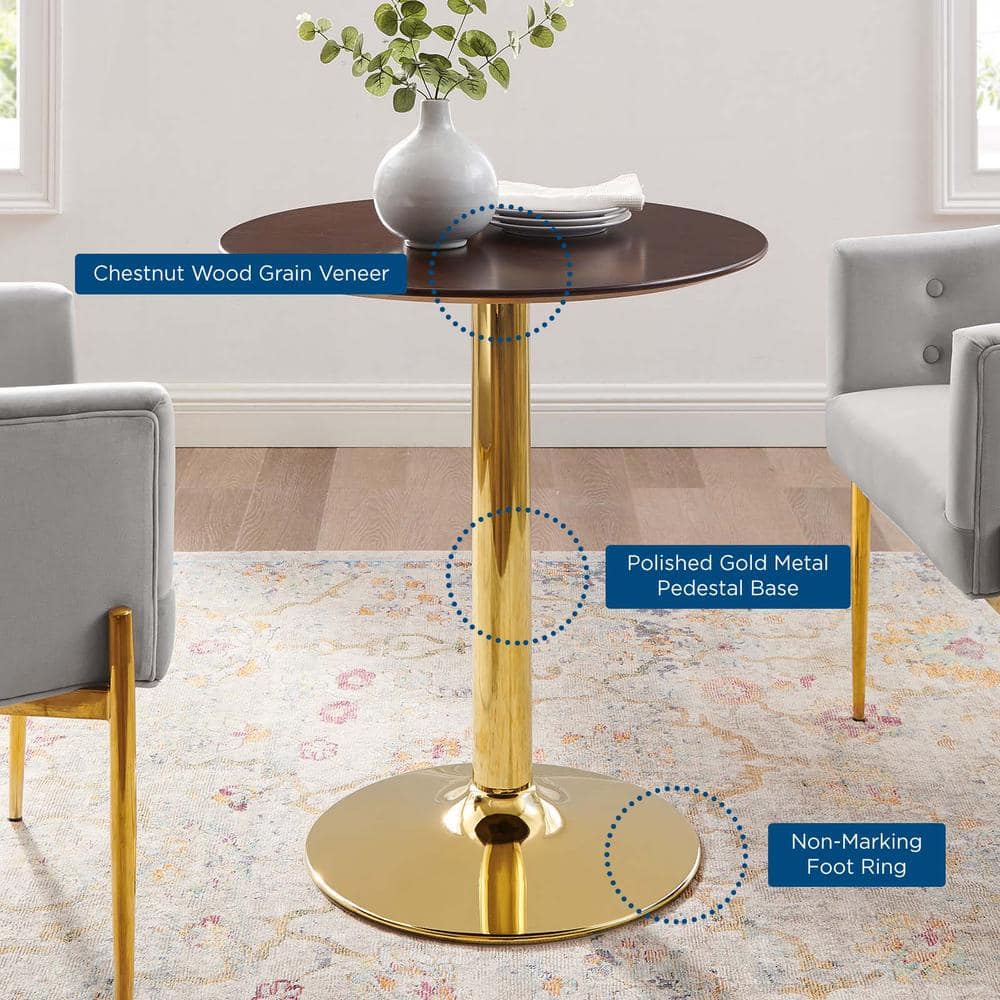 Mid-Century Modern Cherry Wood 28" Round Dining Table with Gold Pedestal