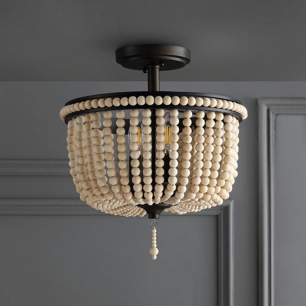 Allie 14" Black and Light Taupe Wood Beaded LED Flush Mount