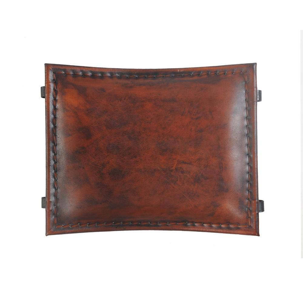 Warm Brown Leather & Black Iron Foldable Accent Stool