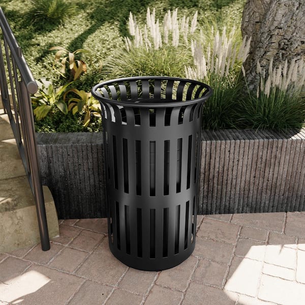 Collins Commercial Grade Black Outdoor Round Slatted Steel 37 Gal. Trash Can with Removable Inner Bin