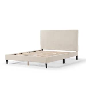 Claude Beige Wood Frame Queen Platform Bed With Removable Corduroy Cover