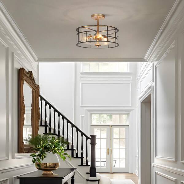 Modern Farmhouse 3-Light Black Open Cage Semi-Flush Mount Light, 14 in. Dark Gold Seeded Glass Entryway Ceiling Light