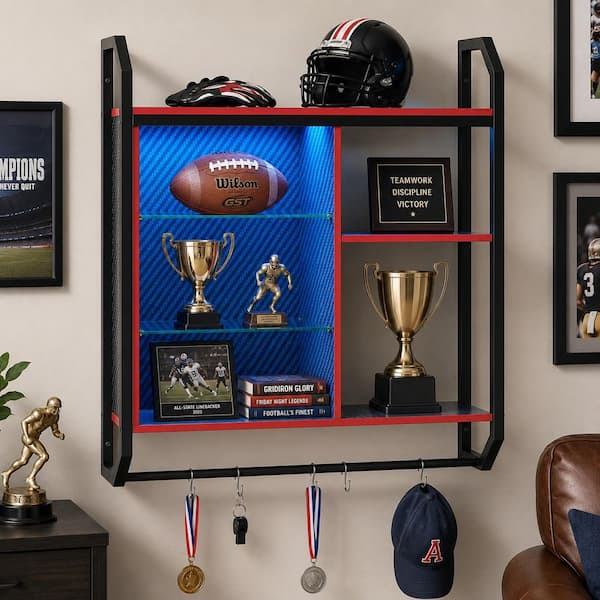 33.07 in. W x 7.8 in. D Black Carbon Fiber Composite Decorative Wall Shelf with LED Lights and Glass Shelves