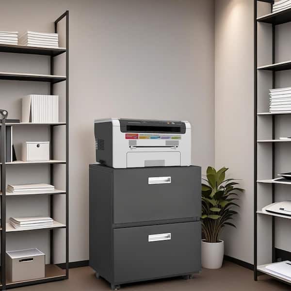 Black 25.6 in. H Office Storage Cabinet, Metal Mobile Printer Stand