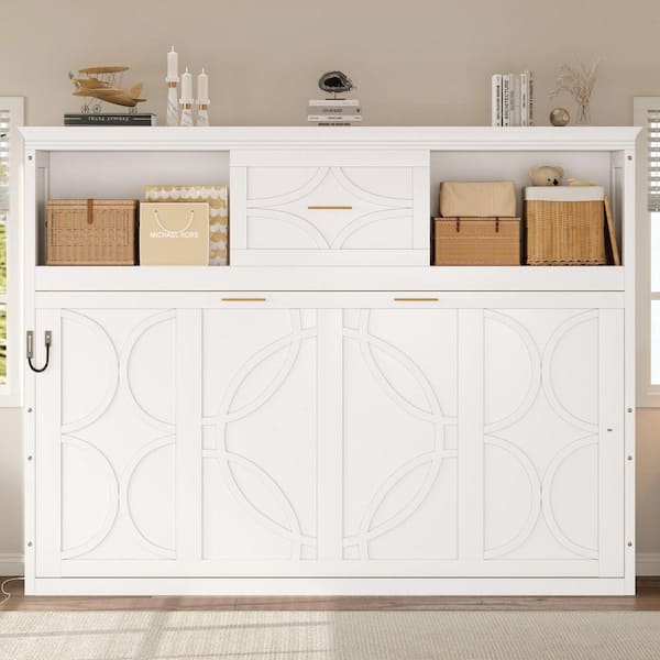 White Wood Frame Twin Murphy Bed with Charging Station and Drawer