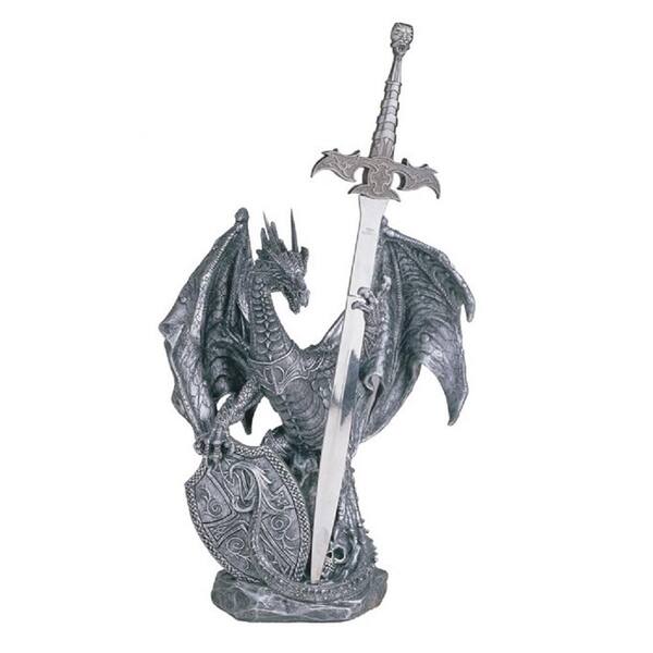 FC Design 10 in. H Medieval Silver Dragon with Shield and Sword Guardian Statue Fantasy Decoration Figurine