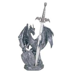 10 in. H Medieval Silver Dragon with Shield and Sword Guardian Statue Fantasy Decoration Figurine