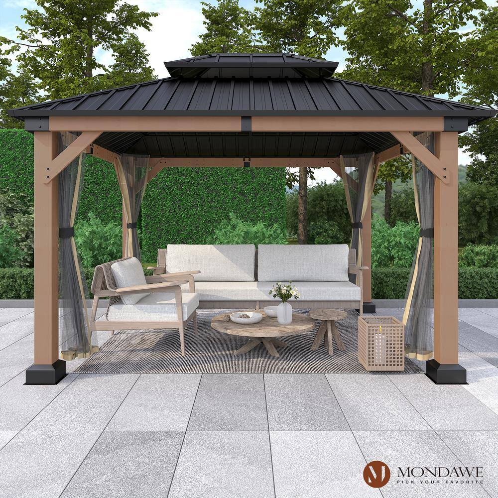 Mondawe 10'x12' Permanent Hardtop Gazebo Canopy Cedar Wood Framed Pavilion with Galvanized Steel Double Roof for Patio Lawn and Garden, Netting Included