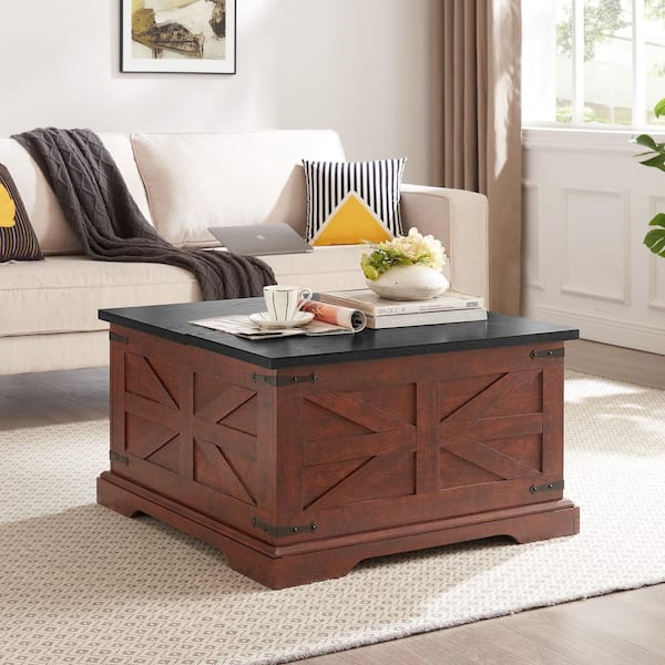 Magic Home 31.5 in. Barn Design Square Oak Farmhouse Cocktail Wood Coffee Table with Large Hidden Storage Compartment, Lift Top