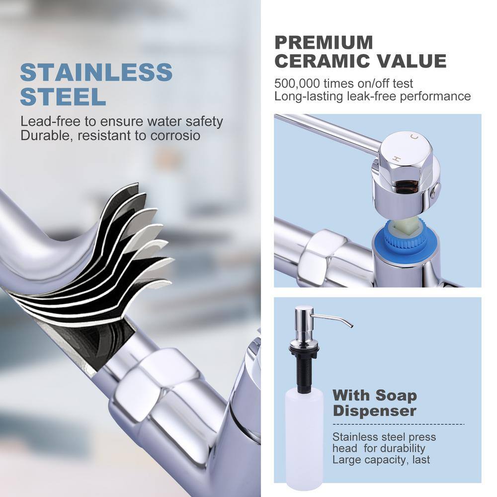 Chrome Single Handle Pull-Out Kitchen Faucet with Soap Dispenser