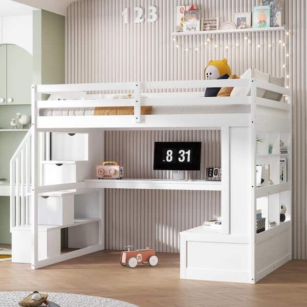 White Full Wood Loft Bed with Desk and Shelves, 2 Built-in Drawers, Storage Staircase