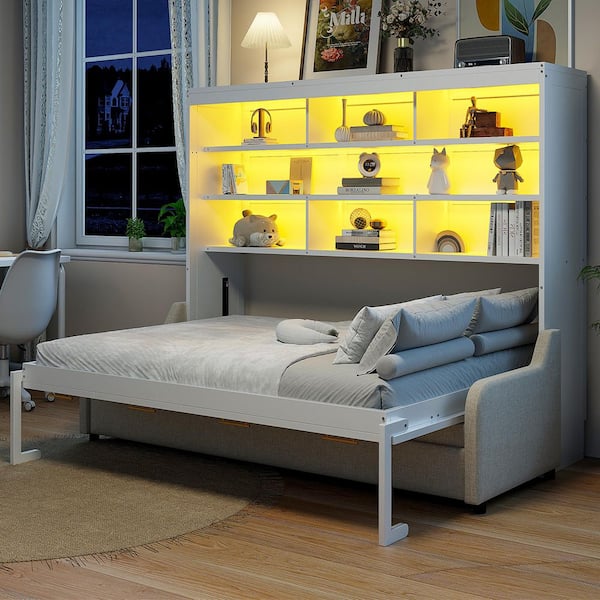 White Wood Frame Queen Size Murphy Bed Cabinet Bed with Beige Sofa, Built-in Storage Shelves and LED Light