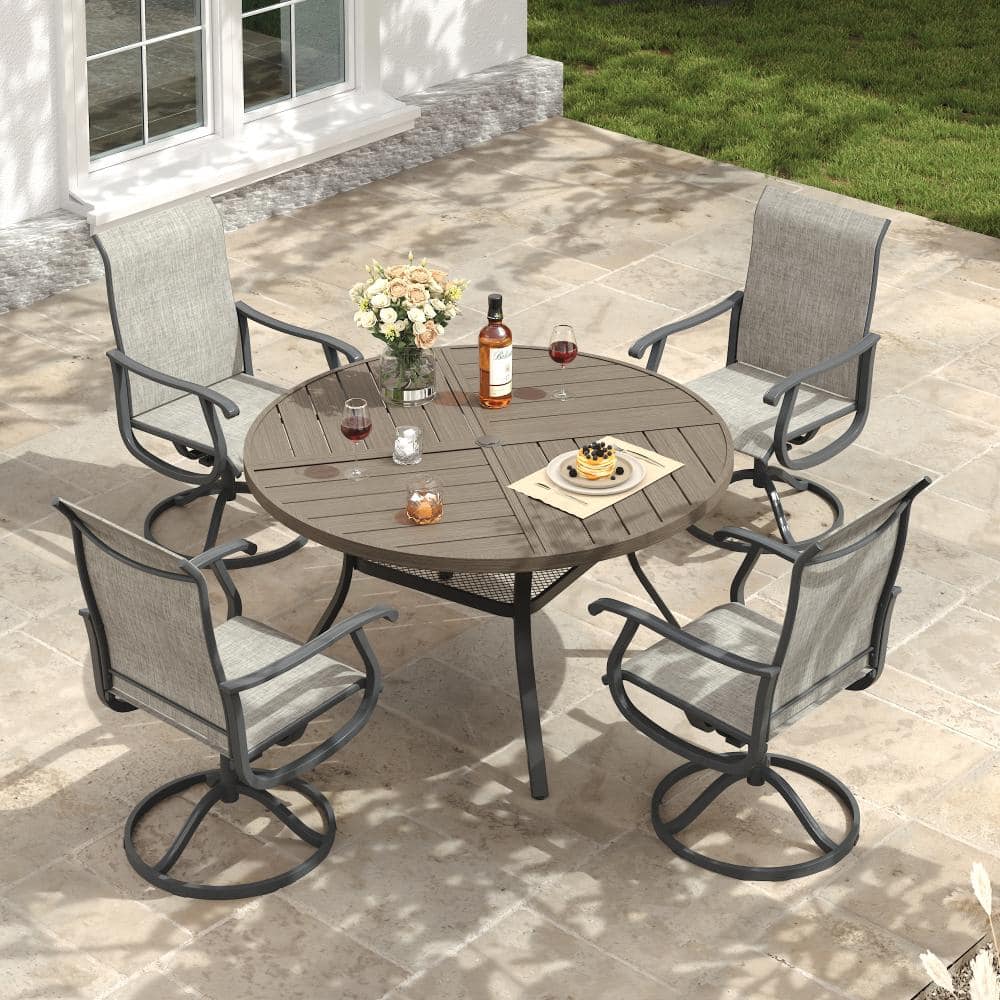 5-Piece Metal Outdoor Patio Dining Set with Round Table and High Back Padded Textilene Swivel Chairs in Gray price history on PriceWatchPro