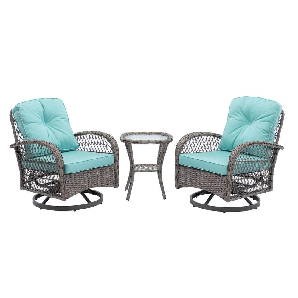 3-Piece Wicker Outdoor Rocking Chair with Blue Cushion (2-Chairs, 1-Glass C