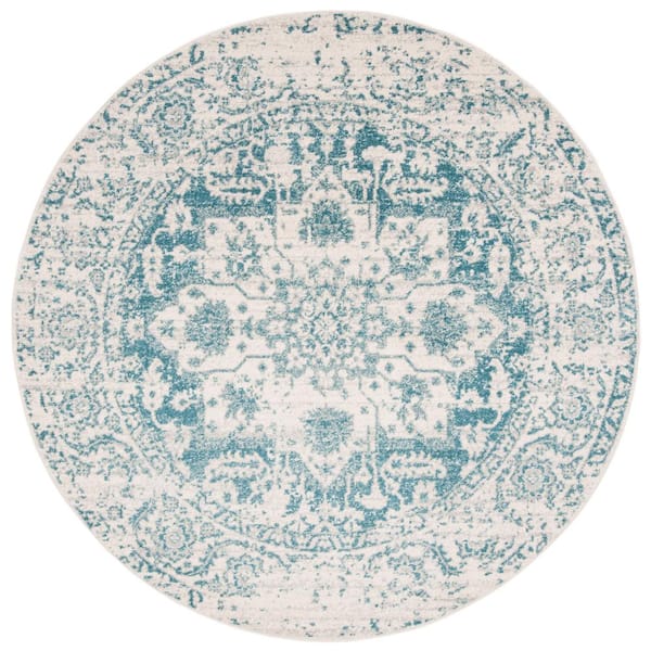 SAFAVIEH Madison Teal/Ivory 5 ft. x 5 ft. Geometric Border Floral Medallion Round Area Rug