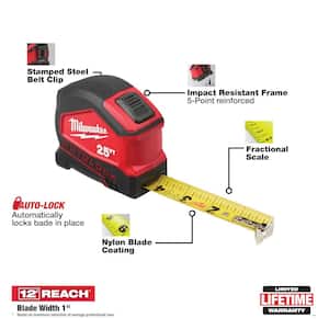 Compact Auto Lock 25 ft. SAE Tape Measure with Fractional Scale and 9 ft. Standout