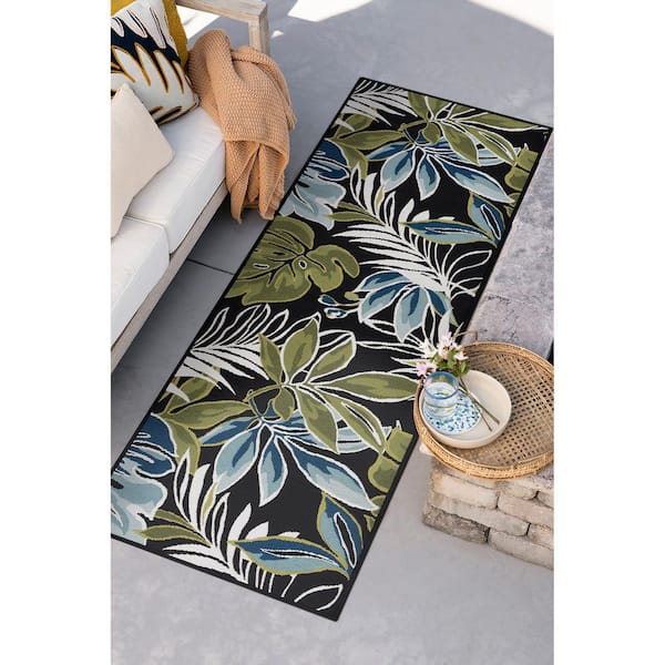 Stunning Black 2 ft. x 8 ft. Floral Indoor/Outdoor Runner Rug