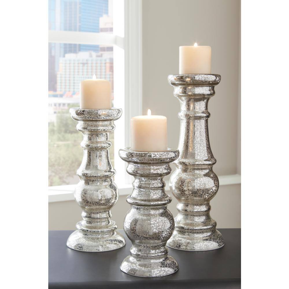 Silver Mercury Glass 15.5" Contemporary Candle Holder Set