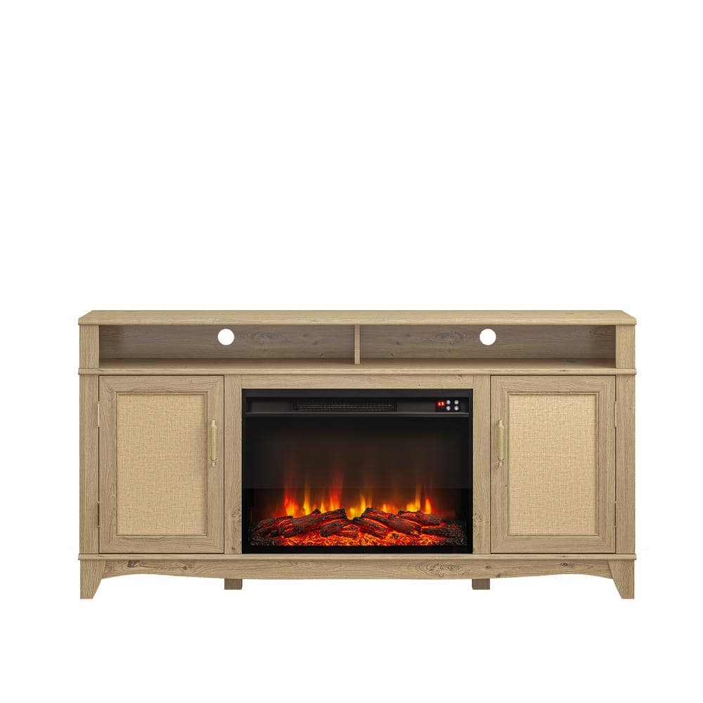 63 in. Wooden TV Stand Electric Fireplace in Natural Wood with Shaped Base for TVs up to 65 in -  FESTIVO, FTS23221