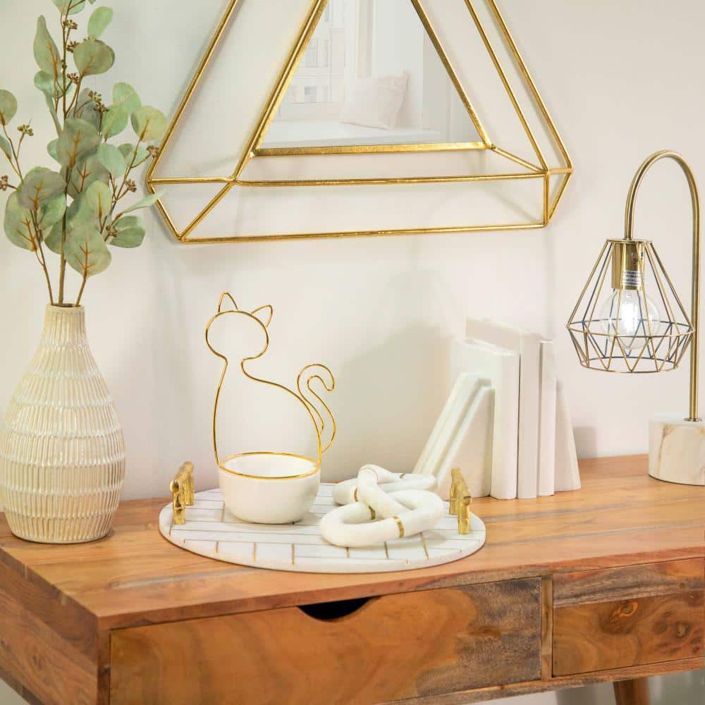 White and Gold Ceramic Cat-Shaped Trinket Tray