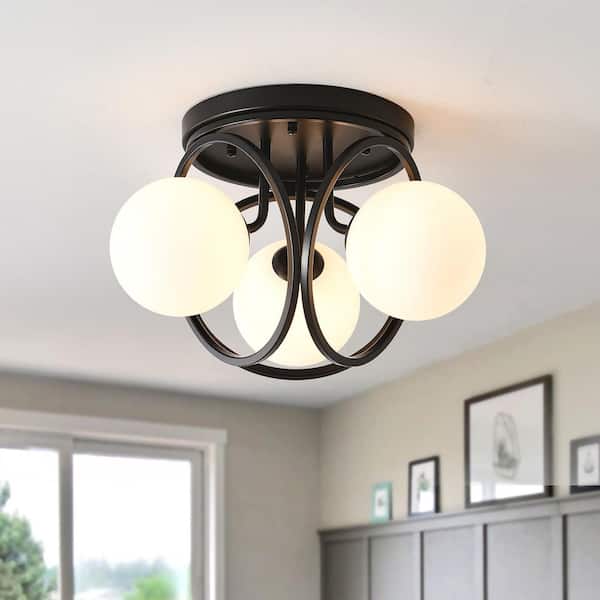 11.81 in. 3-Light Black Industrial Semi-Flush Mount Ceiling Light with Frosted Glass Shade