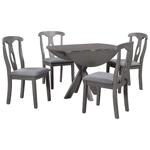 Angel Sar 5-Piece Farmhouse Gray Wood Round Top Drop Leaf Dining Table Set Seats 4