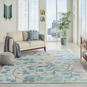 Tranquil Ivory/Turquoise 9 ft. x 12 ft. Floral Modern Area Rug