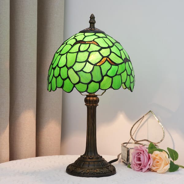 14 in. Multi-Colored Tiffany Style Bronze Finish Table Lamp with Green Leaf Stained Glass Lamp Shade