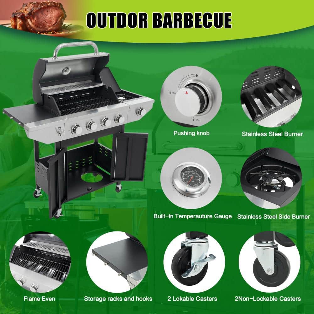 Stainless Steel 4-Burner Propane Gas Grill with Side Burner