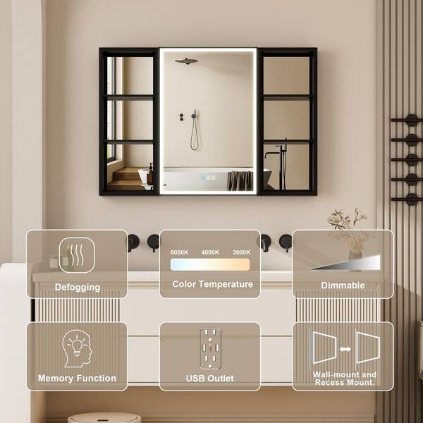 44 in. W x 30 in. H Rectangular Black Aluminum Recessed/Surface Mount LED Medicine Cabinet with Mirror and Outlet