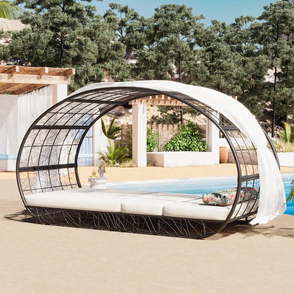 Unbranded 90.55 Wicker Outdoor Patio Chaise Lounge Sunbed with Adjustable Backrest and Curtain, Beige Seat Cushion