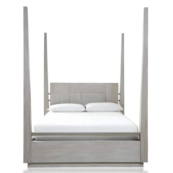 Modus Furniture Destination Light Wood Cotton Grey Queen Poster Bed with Geometric Headboard