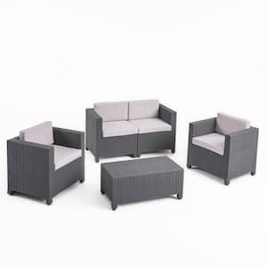 Primrose Dark Gray 4-Piece All Weather Faux Rattan Outdoor Patio Conversation Set with Gray Cushions