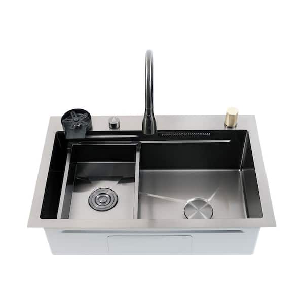 S STRICTLY KITCHEN + BATH All-In-One 33 in. Drop-In Single Bowl 16 Gauge Black Hexagon Texture Stainless Steel Workstation Kitchen Sink