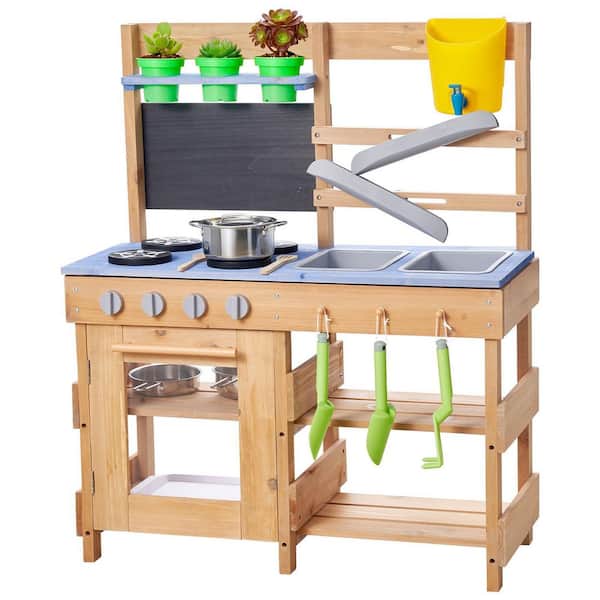 Mud Kitchen, Outdoor Mud Kitchen for Kids, Wood Outdoor Play Kitchens with Stoves, Hooks, Sinks, Planting Shovels
